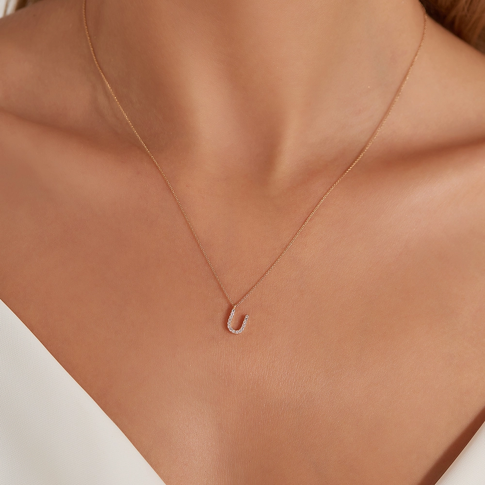 U Harf 0.10 CT Pırlanta Taşlı Rose Altın Kolye - Nev Jewellery (1)
