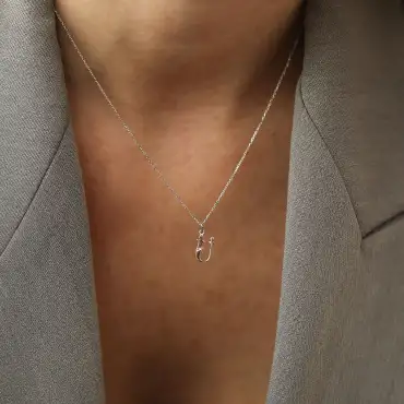 Ü Harf Baget Pırlanta Taşlı Beyaz Altın Kolye - Nev Jewellery (1)