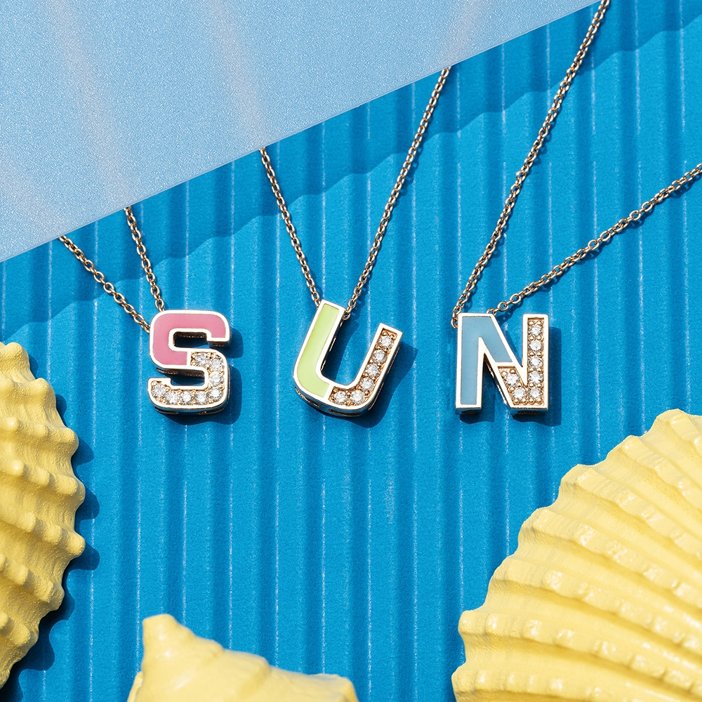 U Harfi Pırlanta Taşlı ve Yeşil Mineli Rose Altın Kolye - Nev Jewellery (1)