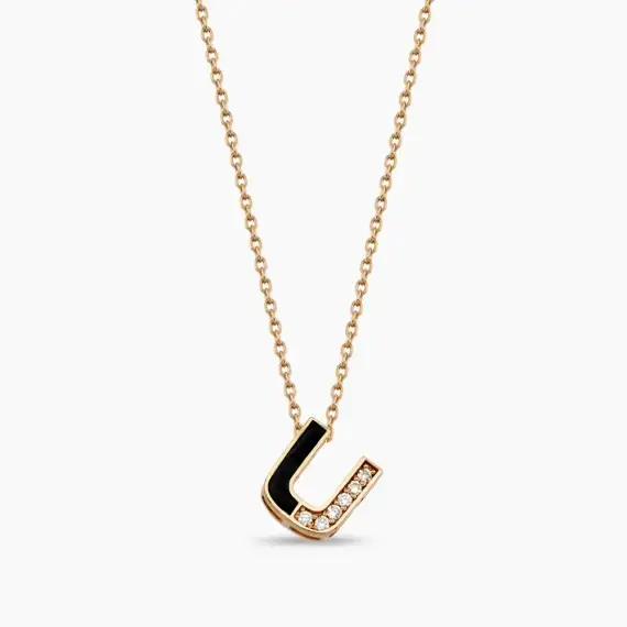 U Letter Diamond and Black Enamel Rose Gold Necklace - 1
