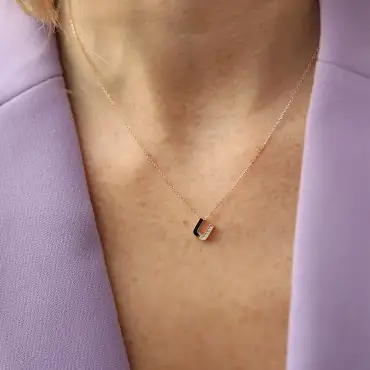 U Letter Diamond and Black Enamel Rose Gold Necklace - Nev Jewellery (1)