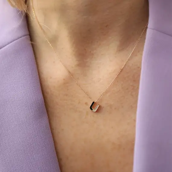 U Letter Diamond and Black Enamel Rose Gold Necklace - 2