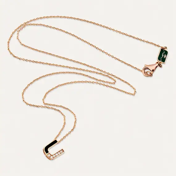 U Letter Diamond and Black Enamel Rose Gold Necklace - 3