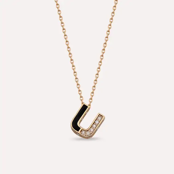 U Letter Diamond and Pink Enamel Rose Gold Necklace - 1