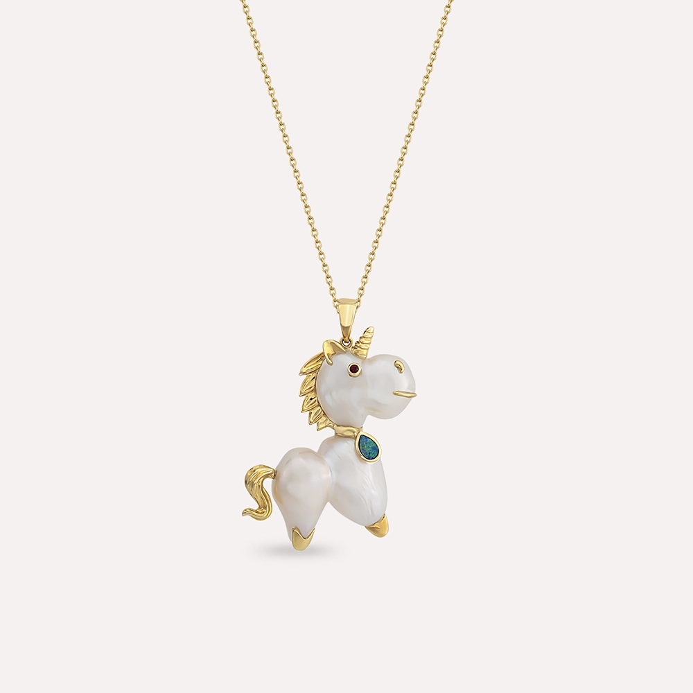 Unicorn Natural Pearl, Opal and Multicolor Sapphire Yellow Gold Necklace - 1