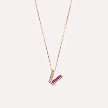 V Harfi Pırlanta Taşlı ve Fuşya Mineli Rose Altın Kolye - Nev Jewellery (1)