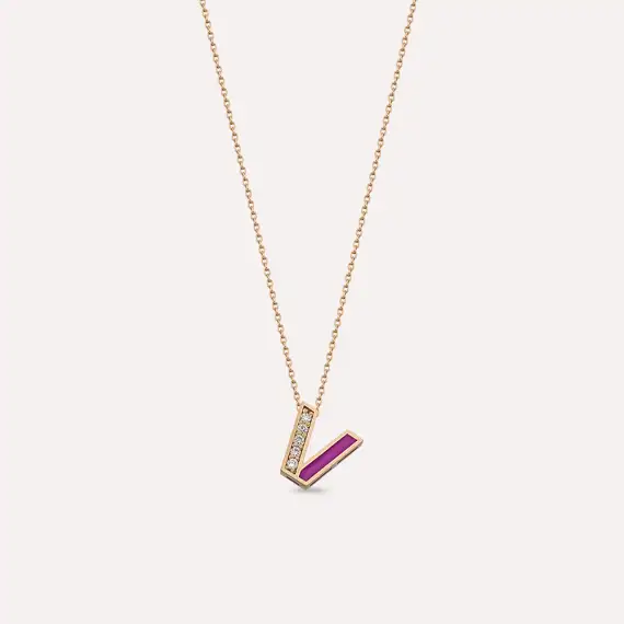 V Letter Diamond and Pink Enamel Rose Gold Necklace - 1