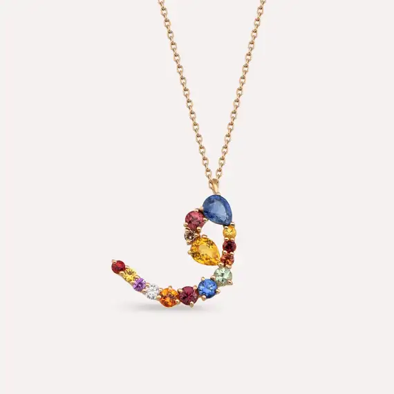 و Vav Letter 1.00 CT Diamond and Multicolor Sapphire Rose Gold Neclace - 1