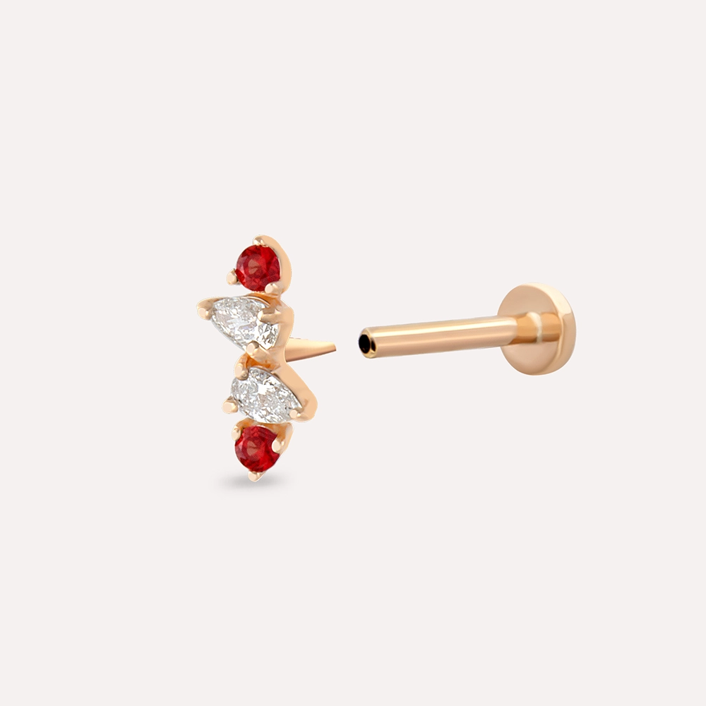 Vine Red Safir ve Pırlanta Taşlı Rose Altın Piercing - 4