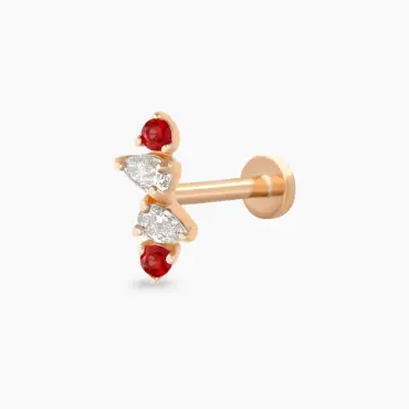 Vine Red Safir ve Pırlanta Taşlı Rose Altın Piercing - Nev Jewellery (1)