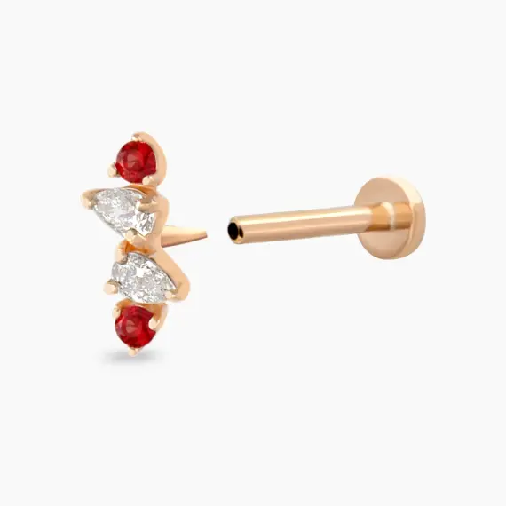 Vine Red Safir ve Pırlanta Taşlı Rose Altın Piercing - 4