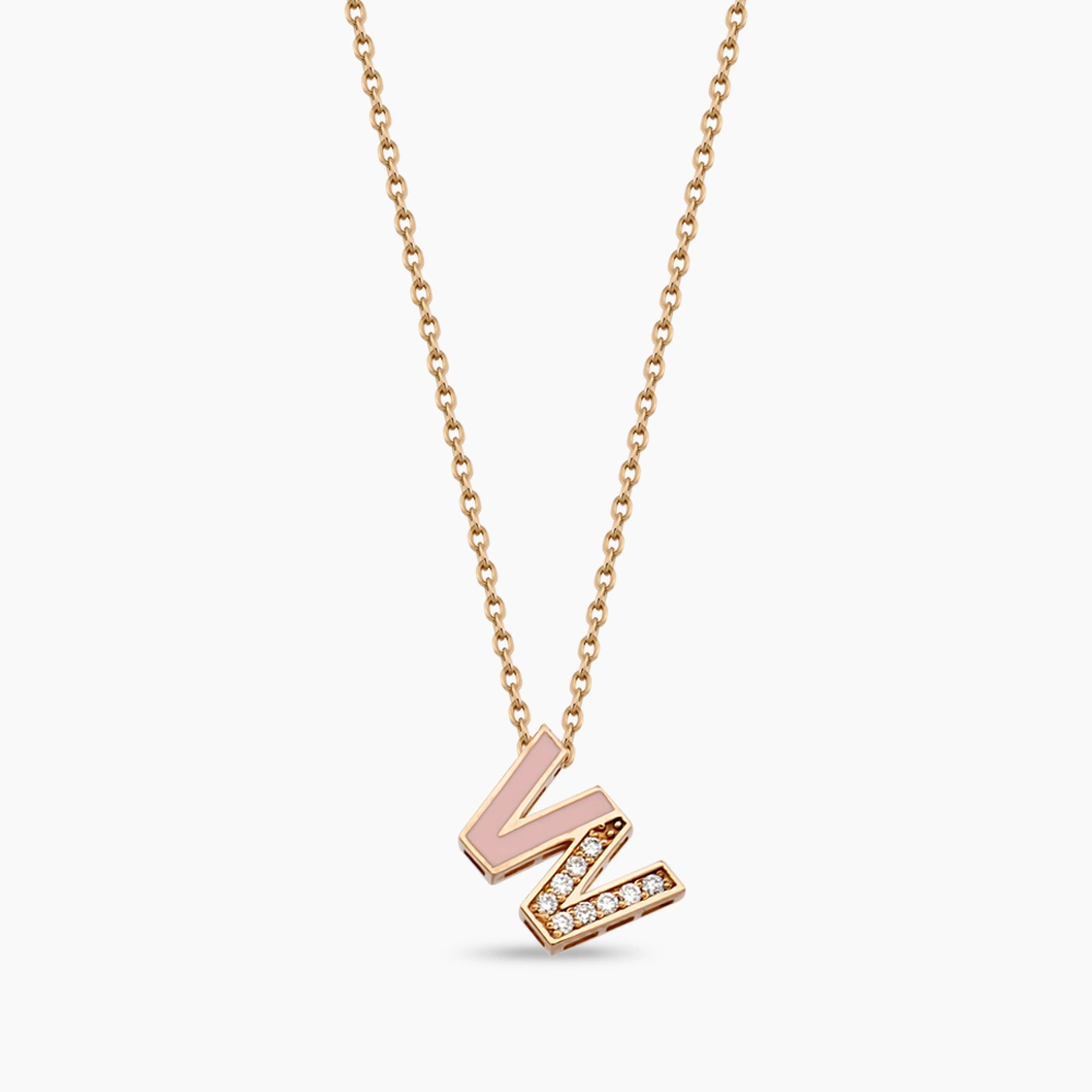 W Letter Diamond and Pink Enamel Rose Gold Pendant - 1