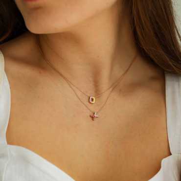 X Harfi Pırlanta Taşlı ve Kırmızı Mineli Rose Altın Kolye - Nev Jewellery (1)