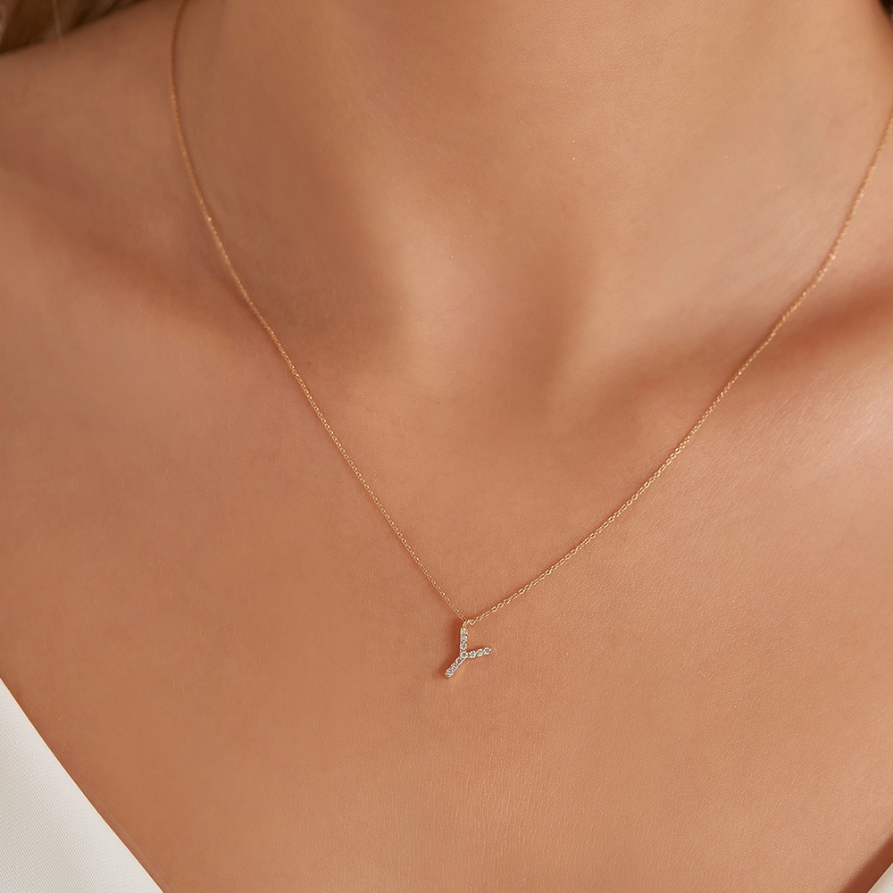 Y Harf 0.07 CT Pırlanta Taşlı Rose Altın Kolye - Nev Jewellery (1)