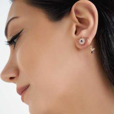 Y Harf Lacivert Mineli ve Pırlanta Taşlı Tek C Küpe - Nev Jewellery