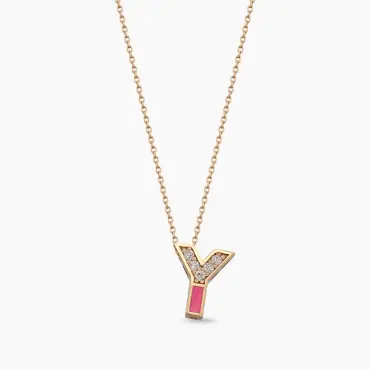 Y Harfi Pırlanta Taşlı ve Pembe Mineli Rose Altın Kolye - Nev Jewellery (1)