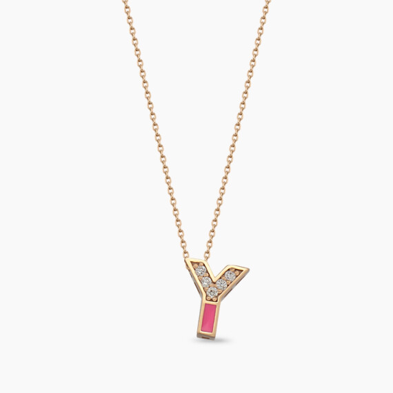 Y Harfi Pırlanta Taşlı ve Pembe Mineli Rose Altın Kolye - Nev Jewellery