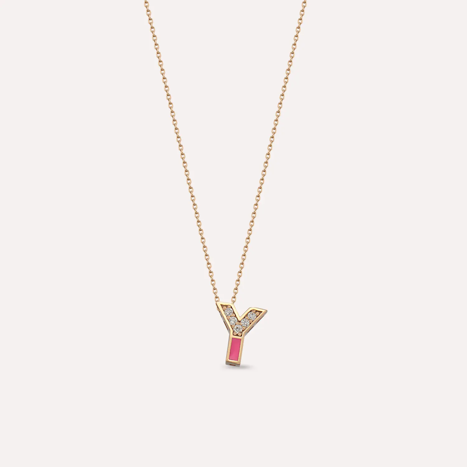 Y Letter Diamond and Pink Enamel Rose Gold Pendant - 1