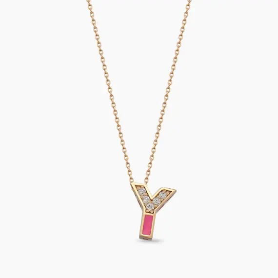 Y Letter Diamond and Pink Enamel Rose Gold Pendant - 1