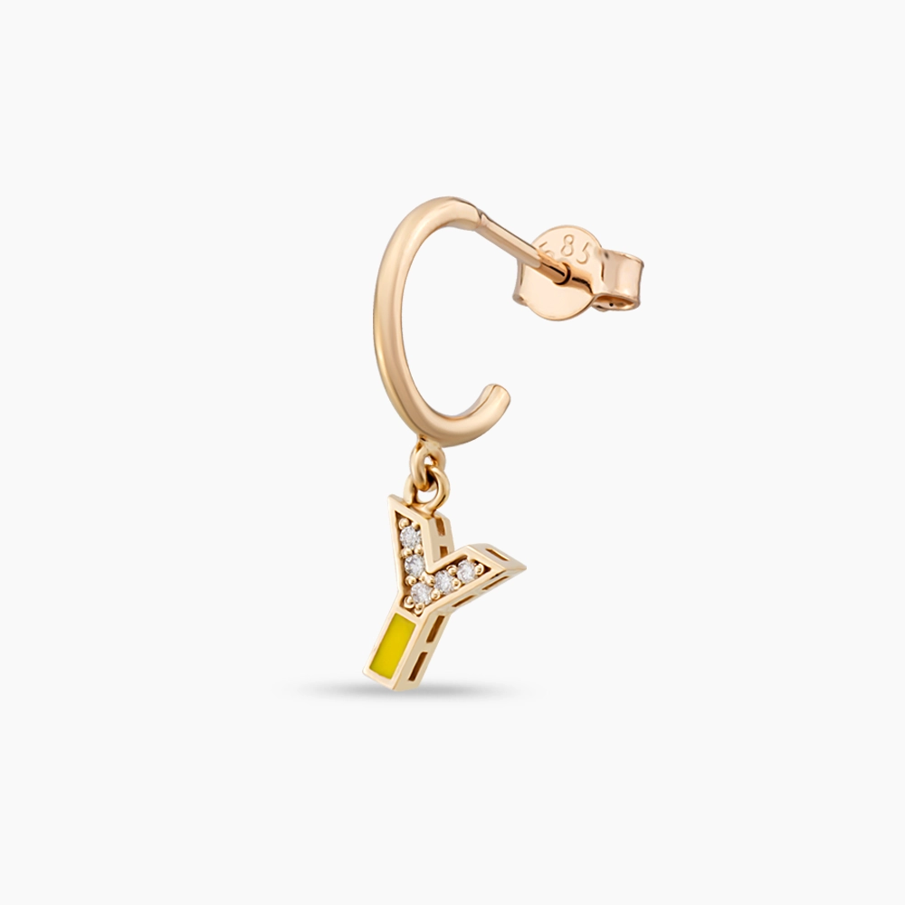 Yellow Enamel and Diamond Y Letter Single Dangling Earring - 1