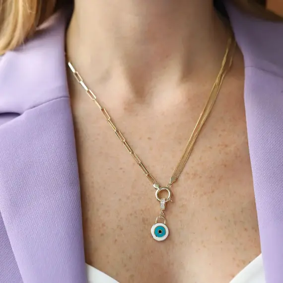 Yellow Gold Enamel Evil Eye Necklace - 1