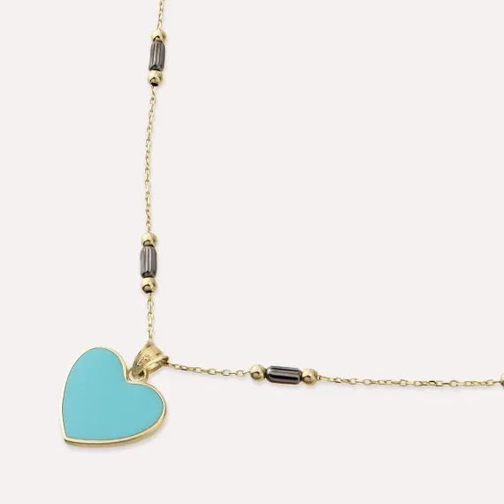 Yellow Gold Heart Necklace with Turquoise Enamel - 3