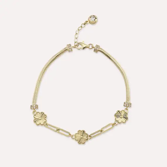 Yellow Gold Herringbone Chain Detailed Clover Bracelet - 1