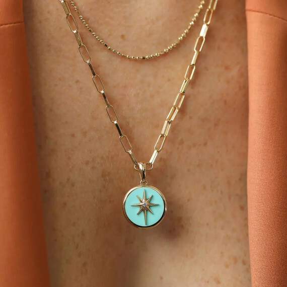 Yellow Gold Pole Star Necklace with Turquoise Enamel - Nev Jewellery
