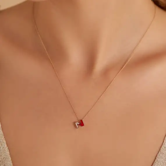 Z Harfi Pırlanta Taşlı ve Kırmızı Mineli Rose Altın Kolye - 2