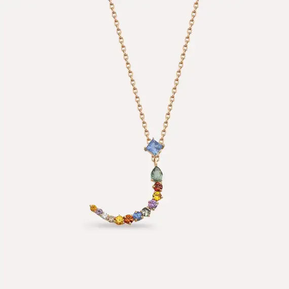 ز‎ Ze Letter 0.92 CT Diamond and Multicolor Sapphire Rose Gold Necklace - 1