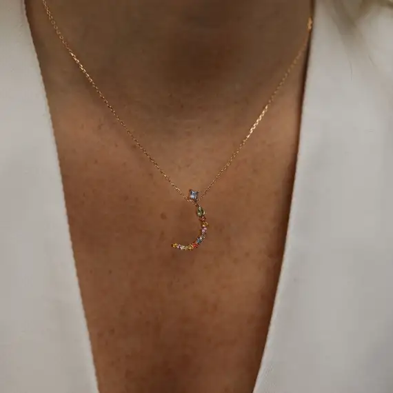 ز‎ Ze Letter 0.92 CT Diamond and Multicolor Sapphire Rose Gold Necklace - 2