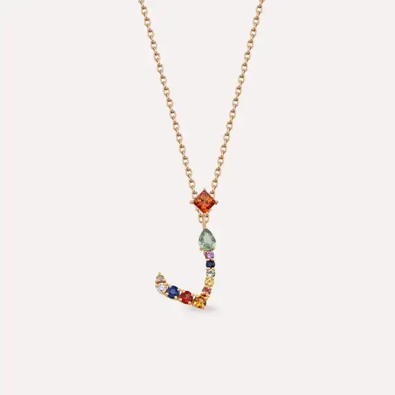 ذ Zel Letter 0.62 CT Diamond and Multicolor Sapphire Rose Gold Necklace - 1