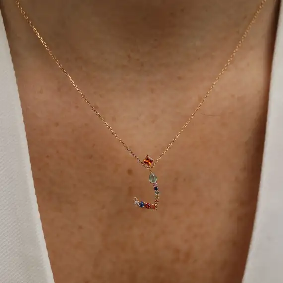 ذ Zel Letter 0.62 CT Diamond and Multicolor Sapphire Rose Gold Necklace - 2