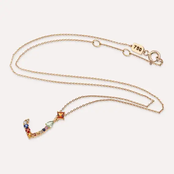 ذ Zel Letter 0.62 CT Diamond and Multicolor Sapphire Rose Gold Necklace - 3