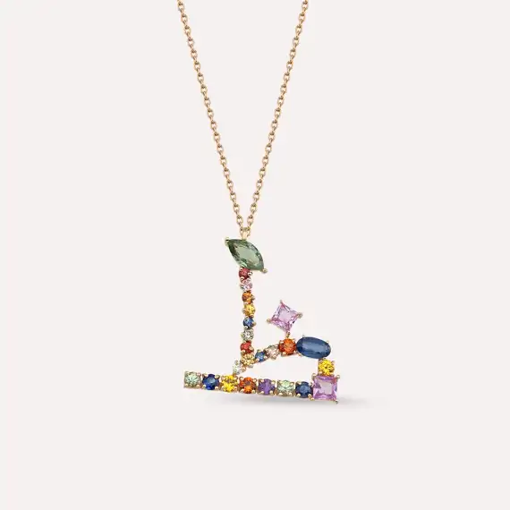 ظ Zı Letter 1.65 CT Diamond and Multicolor Sapphire Rose Gold Necklace - 1