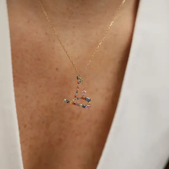 ظ Zı Letter 1.65 CT Diamond and Multicolor Sapphire Rose Gold Necklace - 2