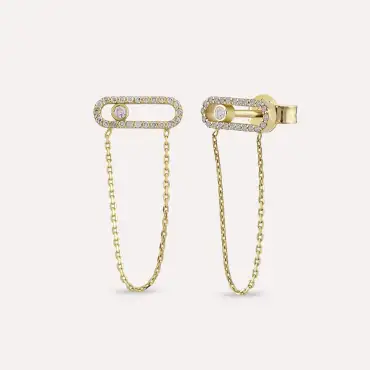 Zincir Detaylı Taşlı Sarı Altın Küpe - Nev Jewellery (1)