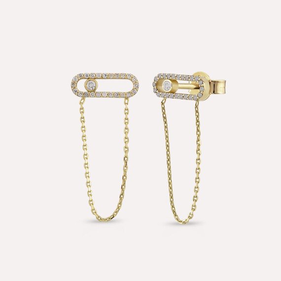 Zincir Detaylı Taşlı Sarı Altın Küpe - Nev Jewellery